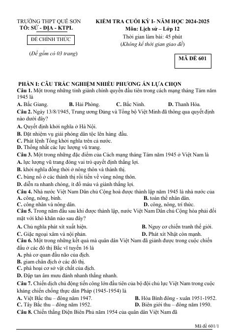 Đề thi Học kì 1 Lịch sử 12 năm 2024-2025 trường THPT Quế Sơn (Đà Nẵng)